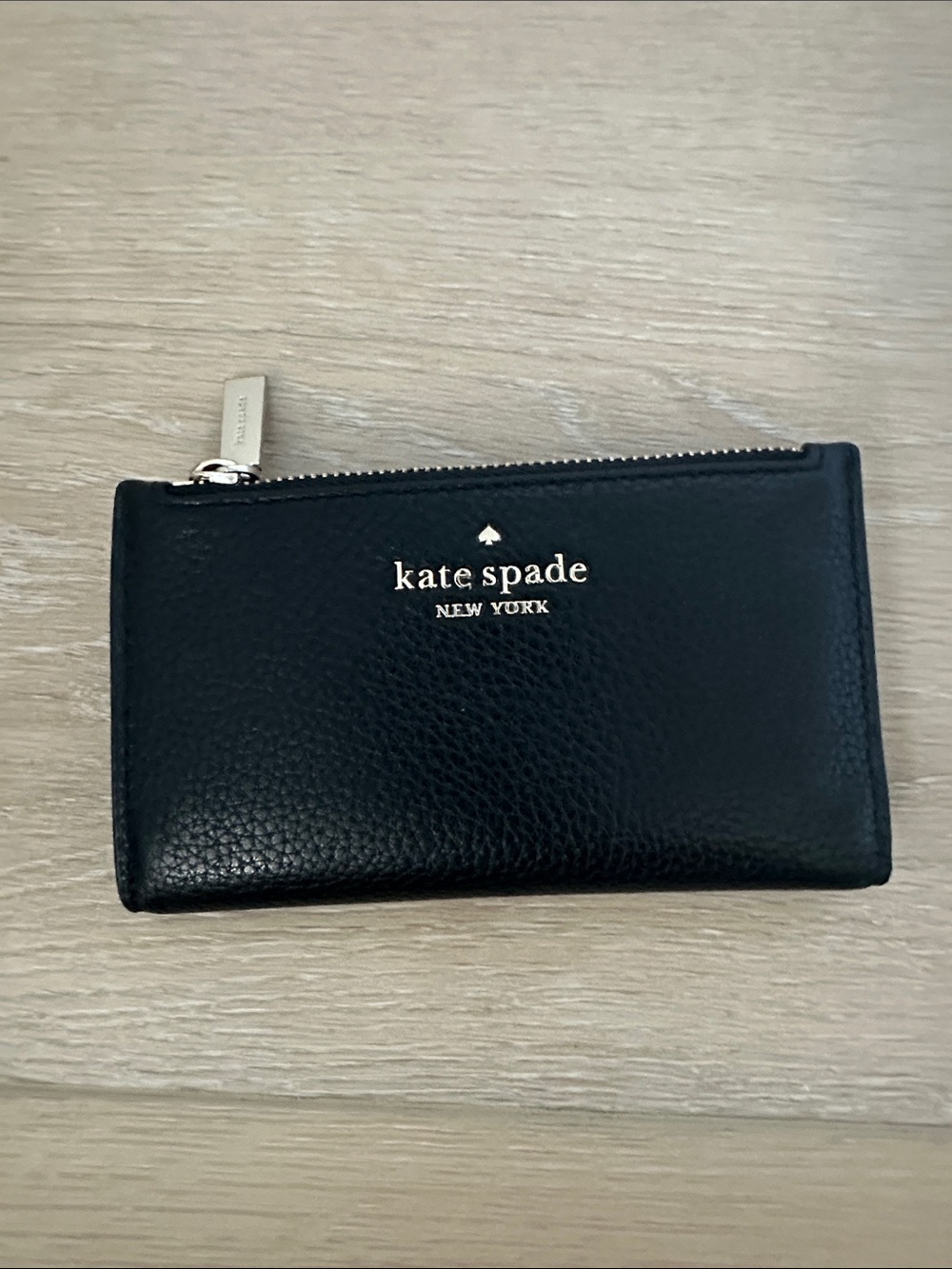 kate spade Black Pebbled Leather Zip Card Wallet with Gold Logo